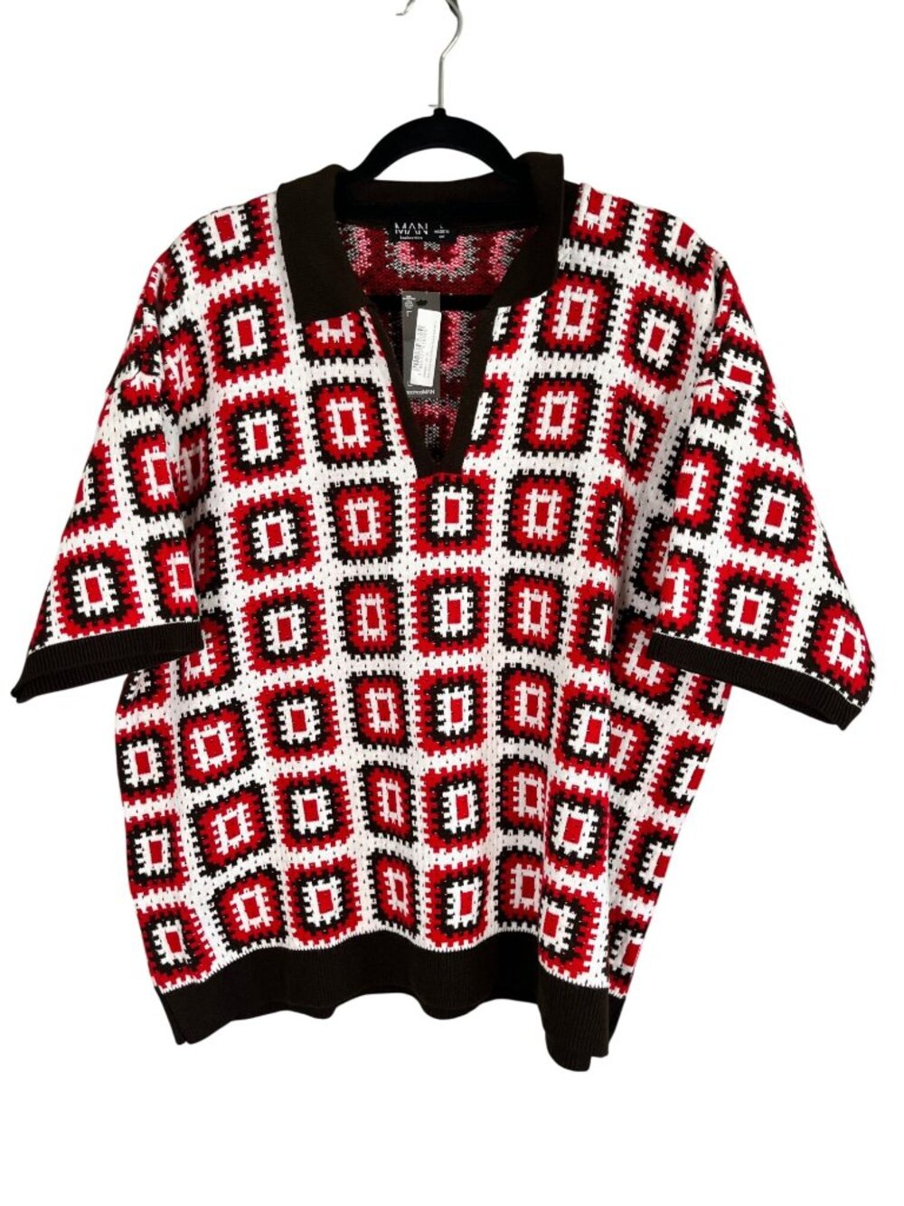 Colorful Crochet Knit Sweater Red L Polo Boxy Oversized Retro Funky Disco Mod